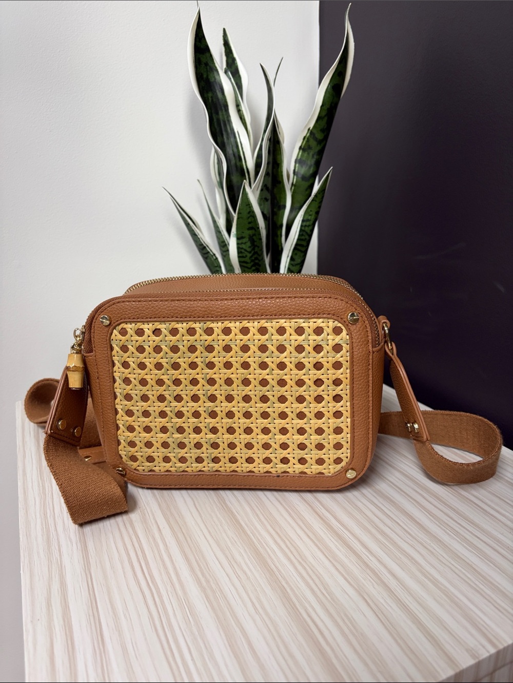 Woven Panel Crossbody Bag in Tan and Natural!! EUC 🤎